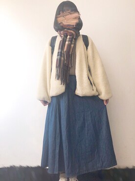 「チェックマフラー」｜「アイテム（ブルゾン）」を使った、nanakoさん（レディース・164cm）の冬コーディネート