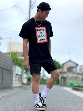 「Have a good time（ハバグッタイム）のアイテム（Tシャツ/カットソー、ブラック系）」を使った、ゆーとすたいるさん（メンズ・168cm）の春コーディネート