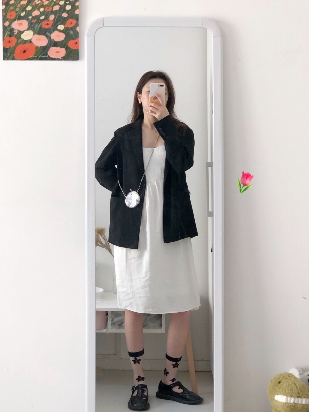「ootd、盐系风格、黑白搭配」｜「EH STOREのアイテム（スーツジャケット、ブラック系）」を使った、_Rickyさん（レディース・166cm）の春コーディネートの1枚目の写真