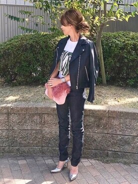 「シルバーシューズ」｜「アイテム（ライダースジャケット）」を使った、kaco…＊さん（レディース・160cm）の秋コーディネート