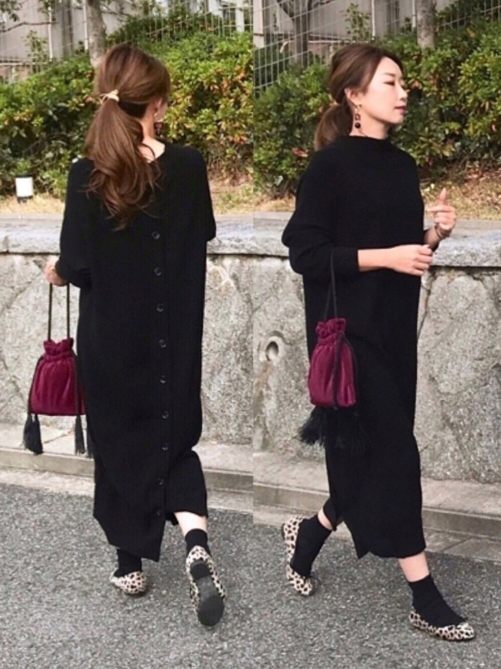 「ワントーンコーデ、ブラックコーデ、ニットワンピース、ワンピース、レオパード、バレエシューズ、ラメソックス、巾着バッグ、フリンジ、zozoheat」｜「Ray BEAMSのRay BEAMS / バックボタン ニットワンピース（ワンピース、ブラック系）」を使った、kaco…＊さん（レディース・160cm）の冬コーディネートの1枚目の写真