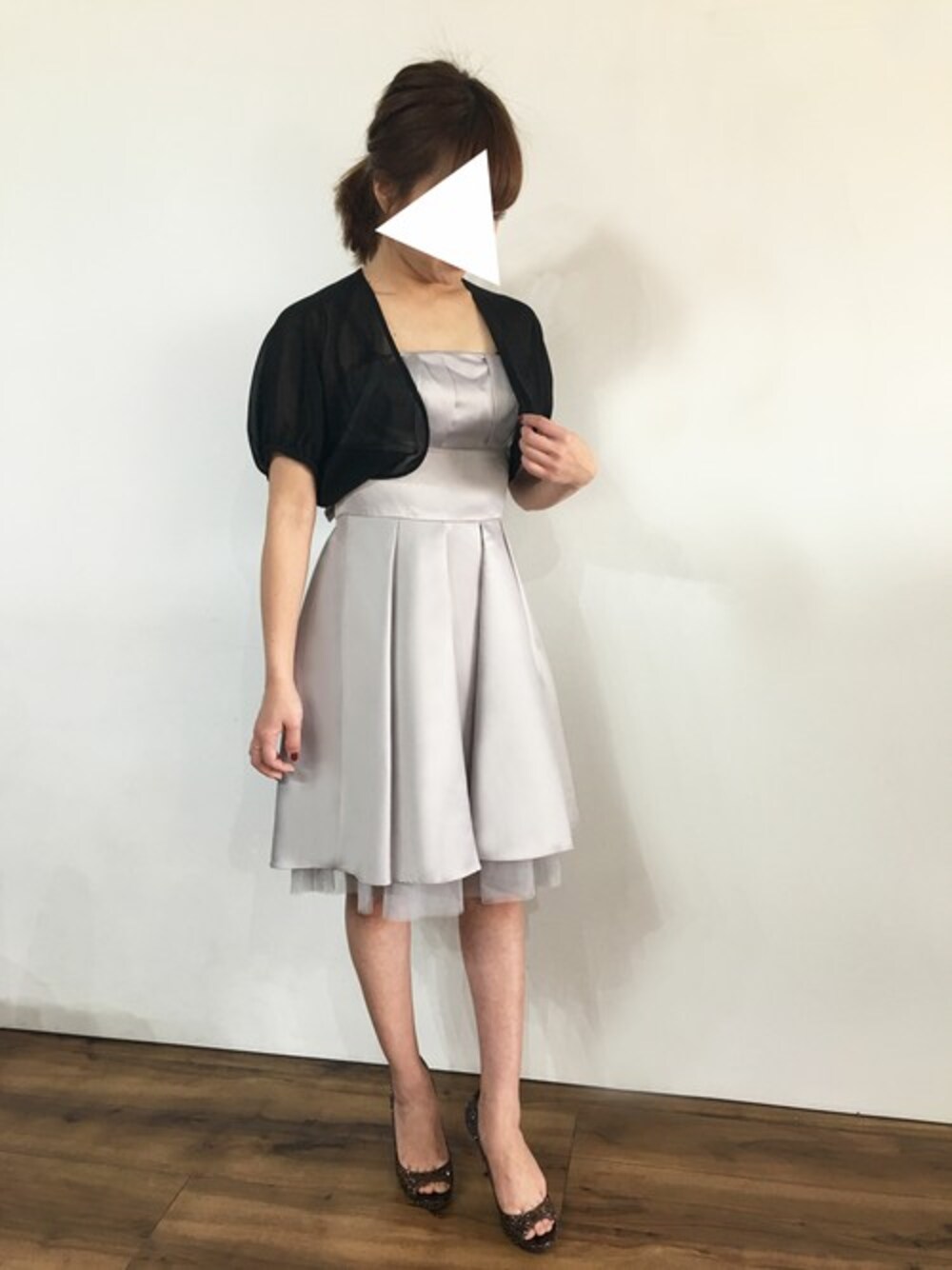「ワンピース、パーティースタイル、結婚式、パーティードレス、結婚式二次会スタイル、お呼ばれスタイル、結婚式 ワンピース、ボレロ、謝恩会、披露宴」｜「girlの【結婚式・お呼ばれ対応ボレロ】リボンデザインドルマンスリーブボレロ（その他アウター、ブラック系）」を使った、GIRL_staffさん（レディース・154cm）の春コーディネートの1枚目の写真
