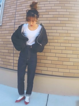 「ハイウエストストレートジーンズ」｜risaさん（レディース・157cm）の冬コーディネート