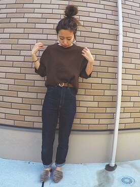 「ワッフルクルーネックＴ」｜「アイテム（その他シューズ）」を使った、risaさん（レディース・157cm）の春コーディネート