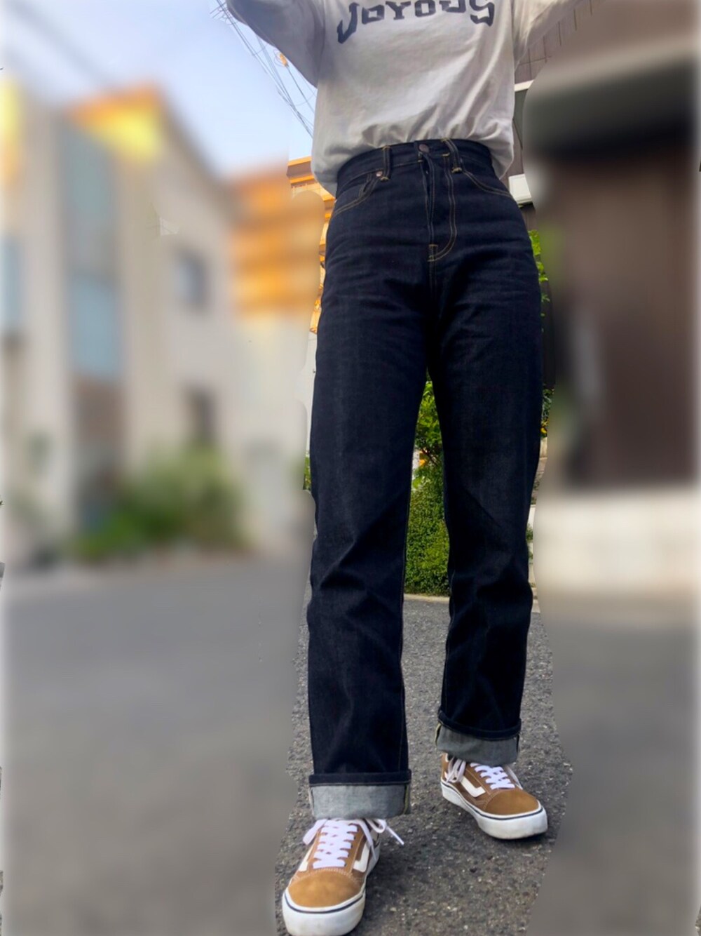 「デニム、デニムパンツ、ビッグジョン、Big John、VANS」｜「Big Johnの【BIG JOHN for ADAM ET ROPE'】CURVY FIT JEAN（デニムパンツ、ブルー系）」を使った、SHIHOさん（レディース・159cm）の秋コーディネートの1枚目の写真