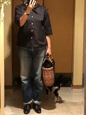 「MACKINTOSH PHILOSOPHY（ﾏｯｷﾝﾄｯｼｭ ﾌｨﾛｿﾌｨｰ）の【店舗限定】アラログトートL（かごバッグ）」を使った、はらさとさん（レディース・163cm）の夏コーディネート