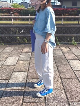 「LOWRYS FARM（ローリーズファーム）のCONEハイライズワイドデニム　800874（デニムパンツ）」を使った、なななさん（レディース・158cm）の春コーディネート