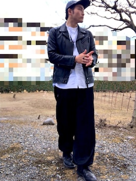 「レースアップシューズ」｜「アイテム（ライダースジャケット）」を使った、rex139(介護福祉士)さん（メンズ・177cm）の冬コーディネート