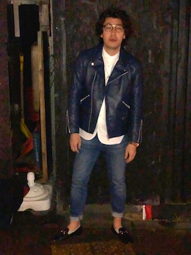 「アイテム（ライダースジャケット）」を使った、Kazumasa Sakurabaさん（メンズ・173cm・20代）の春コーディネート