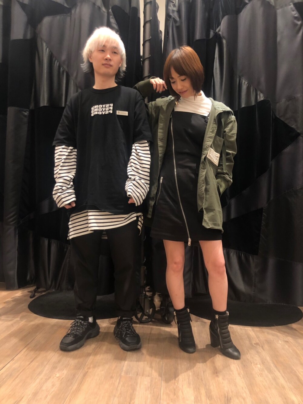 「Diesel、ディーゼル、デニム、ワンピース、春」｜「DIESELのMEN'Sフーデッドシャツ（シャツ/ブラウス、グリーン系）」を使った、DIESEL_yuki.uさん（レディース・156cm）の春コーディネートの1枚目の写真