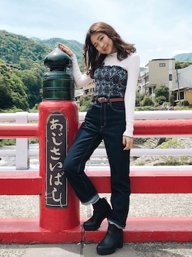 「アイテム（チューブトップ、ブルー系）」を使った、sakiさん（レディース・155cm）の春コーディネート