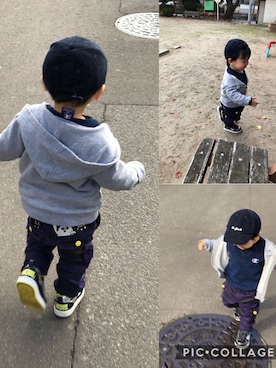 「チャンピオン パーカー」｜「アイテム（帽子）」を使った、pepe☻ryo❀sup♔twaさん（キッズ・90cm）の秋コーディネート