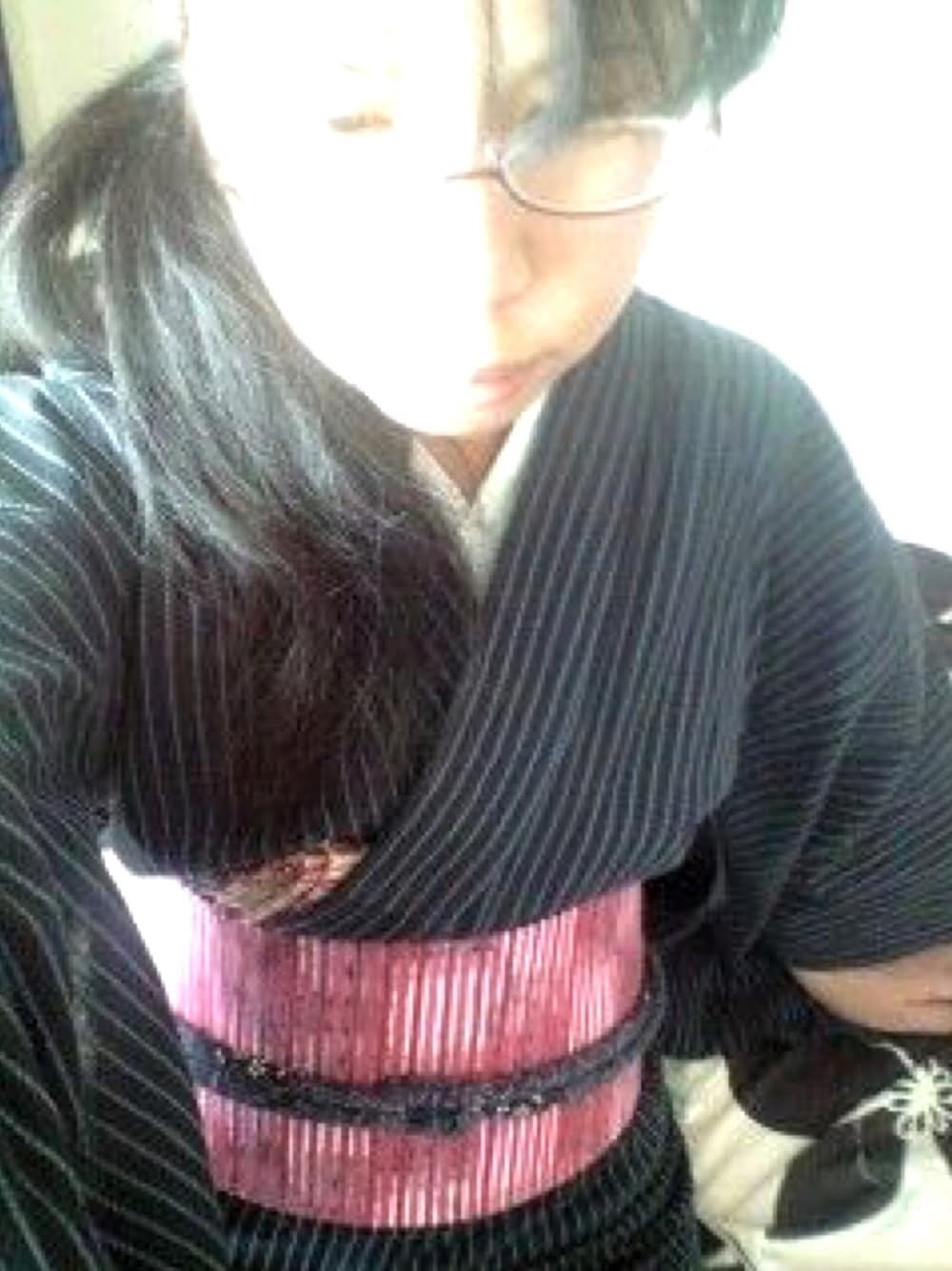 「色違いコーデ、縦縞、和服コーデ、和服」｜「縦縞木綿着物(青)のアイテム（浴衣、ブルー系）」を使った、めぇめぇ羊さん（レディース・161cm）の冬コーディネートの1枚目の写真