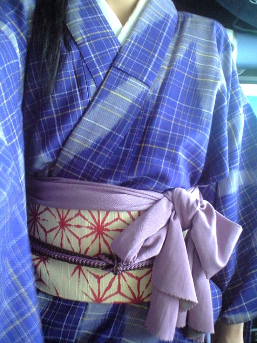 「和服コーデ、麻の葉、リバーシブル、おせん、和服」｜「古着・格子柄の着物のアイテム（浴衣、パープル系）」を使った、めぇめぇ羊さん（レディース・161cm）の冬コーディネートの1枚目の写真