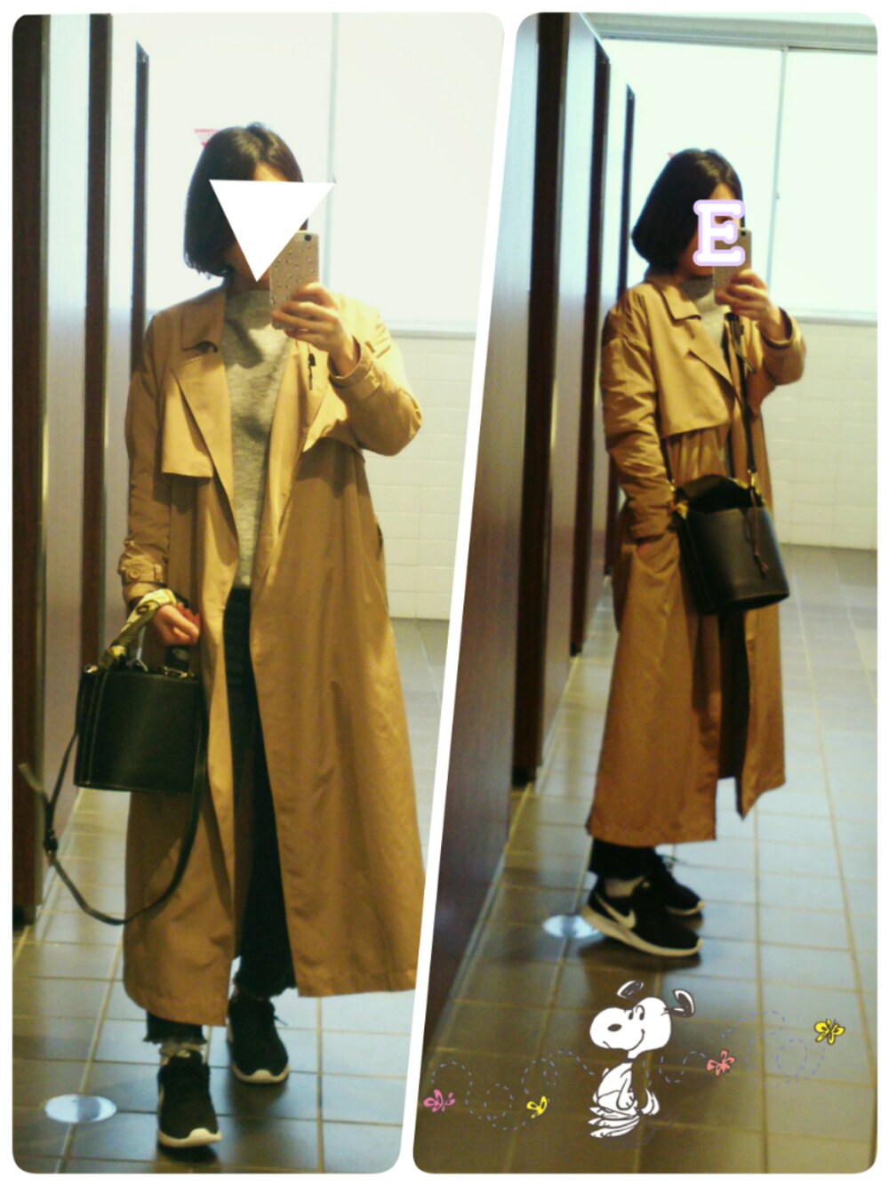 イエロー系のトレンチコート、ブラック系のスニーカー、ブラック系のデニムパンツを着用したレディースの春コーディネートの1枚目の写真