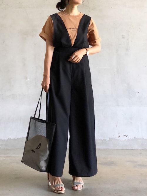 ウエストリボンVネックコンビネゾン（つなぎ/オールインワン