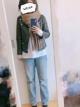 「アイテム（ライダースジャケット）」を使った、amanekanさん（レディース・152cm・30代）の秋コーディネート