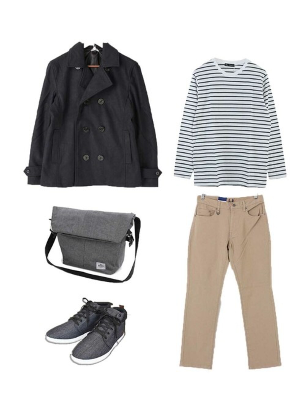 「スニーカー、カジュアル、ボーダー、シンプル、スキニーパンツ、チノパン、ピーコート、大人カジュアル、プチプラ、ootd」｜「STYLEBLOCKのメルトンウールPコートピーコート（ピーコート、ブルー系）」を使った、STYLEBLOCKさん（メンズ・174cm）の秋コーディネートの1枚目の写真