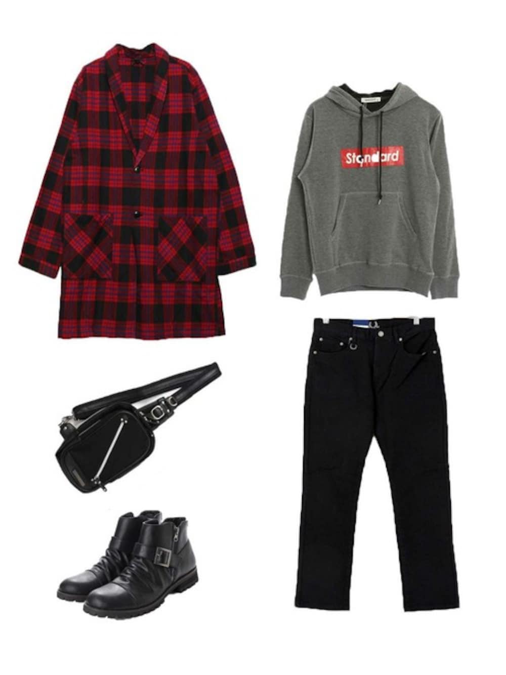 レッド系のシャツ/ブラウス、グレー系のパーカー、ブラック系のその他パンツを着用したメンズの冬コーディネートの1枚目の写真