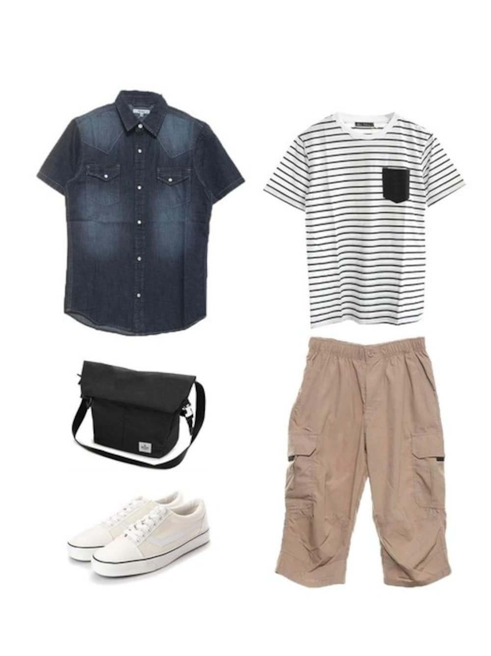 ホワイト系のTシャツ/カットソー、ブルー系のシャツ/ブラウス、ベージュ系のカーゴパンツを着用したメンズの夏コーディネートの1枚目の写真