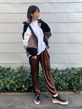 「サテンパンツ」｜「アイテム（ブルゾン）」を使った、STYLEBLOCKさん（レディース・164cm）の冬コーディネート