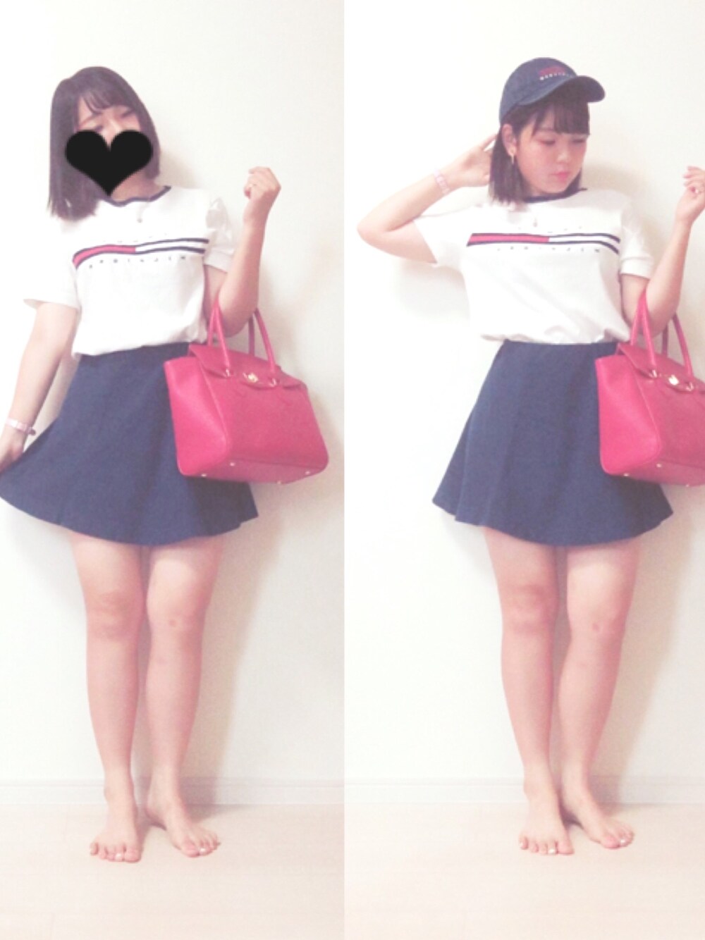 ホワイト系のTシャツ/カットソー、レッド系のハンドバッグ、ブルー系のスカートを着用したレディースの夏コーディネートの1枚目の写真