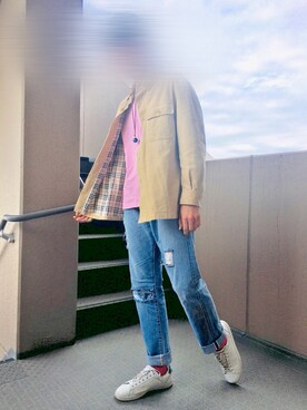 「自作です💦のアイテム（デニムパンツ、ブルー系）」を使った、こーんすたーち【まきしまむ】さん（メンズ）の春コーディネート