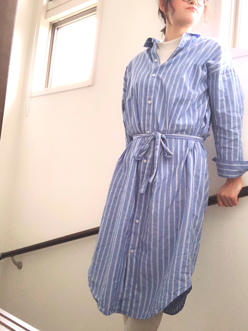 「シャツワンピース、授乳中コーデ」｜「GUのアイテム（シャツワンピース、ブルー系）」を使った、panda_co.さん（レディース・152cm）の春コーディネートの1枚目の写真