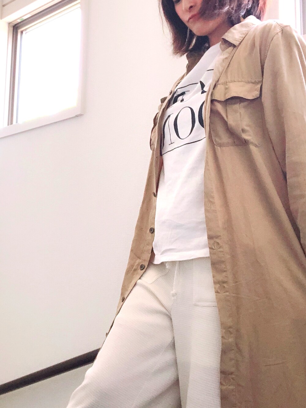 「プチプラコーデ」｜「UNIQLOのアイテム（シャツワンピース、ベージュ系）」を使った、panda_co.さん（レディース・152cm）の春コーディネートの1枚目の写真