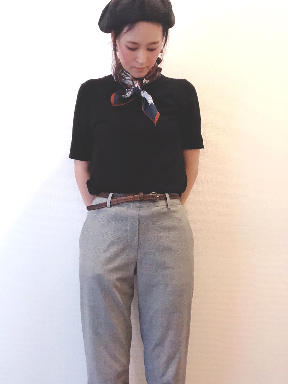 「ベレー帽、UNIQLOコーデ、チチカカ、プチプラコーデ」｜「UNIQLOのコットンフライスハイネックT（5分袖）（Tシャツ/カットソー、ブラック系）」を使った、panda_co.さん（レディース・152cm）の夏コーディネートの1枚目の写真