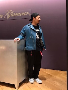 「HYSTERIC GLAMOUR（ヒステリックグラマー）のHYS WHISKY柄 刺繍キャップ（キャップ）」を使った、DAISUKEさん（メンズ・174cm）の冬コーディネート