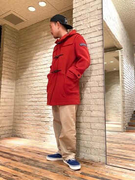 「アイテム（ダッフルコート、レッド系）」を使った、DAISUKEさん（メンズ・174cm）の秋コーディネート