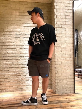 「HYSTERIC GLAMOUR（ヒステリックグラマー）のHYS WHISKY柄 刺繍キャップ（キャップ）」を使った、DAISUKEさん（メンズ・174cm）の夏コーディネート