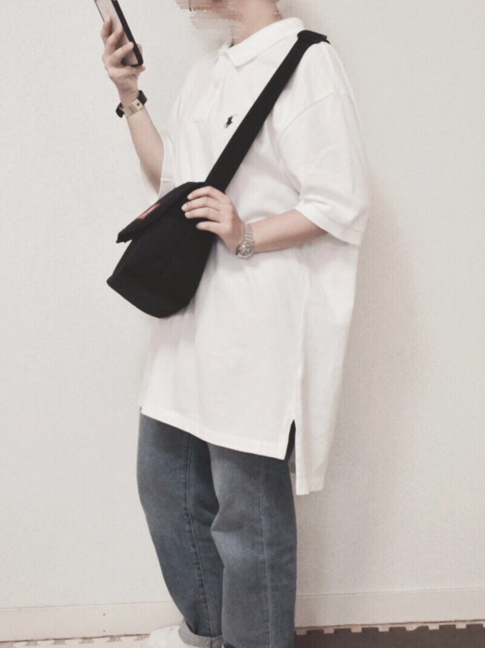 「古着MIX、古着女子、ootd、お洒落さんとつながりたい、パンツスタイル」｜「POLO RALPH LAURENのカスタム スリム フィット メッシュ ポロシャツ（ポロシャツ、ホワイト系）」を使った、m a iさん（レディース・152cm）の夏コーディネートの1枚目の写真