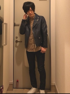 「BEAUTY&YOUTH UNITED ARROWS」｜「アイテム（ライダースジャケット）」を使った、よねたむさん（メンズ・172cm）の冬コーディネート