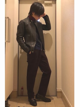 「ワインレッド」｜「アイテム（ライダースジャケット）」を使った、よねたむさん（メンズ・172cm）の冬コーディネート