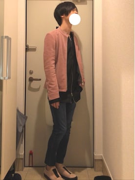 「アイテム（ライダースジャケット、ピンク系）」を使った、よねたむさん（メンズ・172cm）の春コーディネート