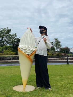 「CIAOPANIC（チャオパニック）の【WEB限定】センタープレスタックパンツ（その他パンツ）」を使った、Hanaさん（レディース・157cm）の夏コーディネート