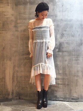 「シアーワンピース」｜「アイテム（ハンチング/ベレー帽）」を使った、AIさん（レディース・161cm）の秋コーディネート