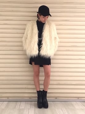 「ラップスカート」｜「アイテム（ノーカラージャケット）」を使った、AIさん（レディース・161cm）の冬コーディネート
