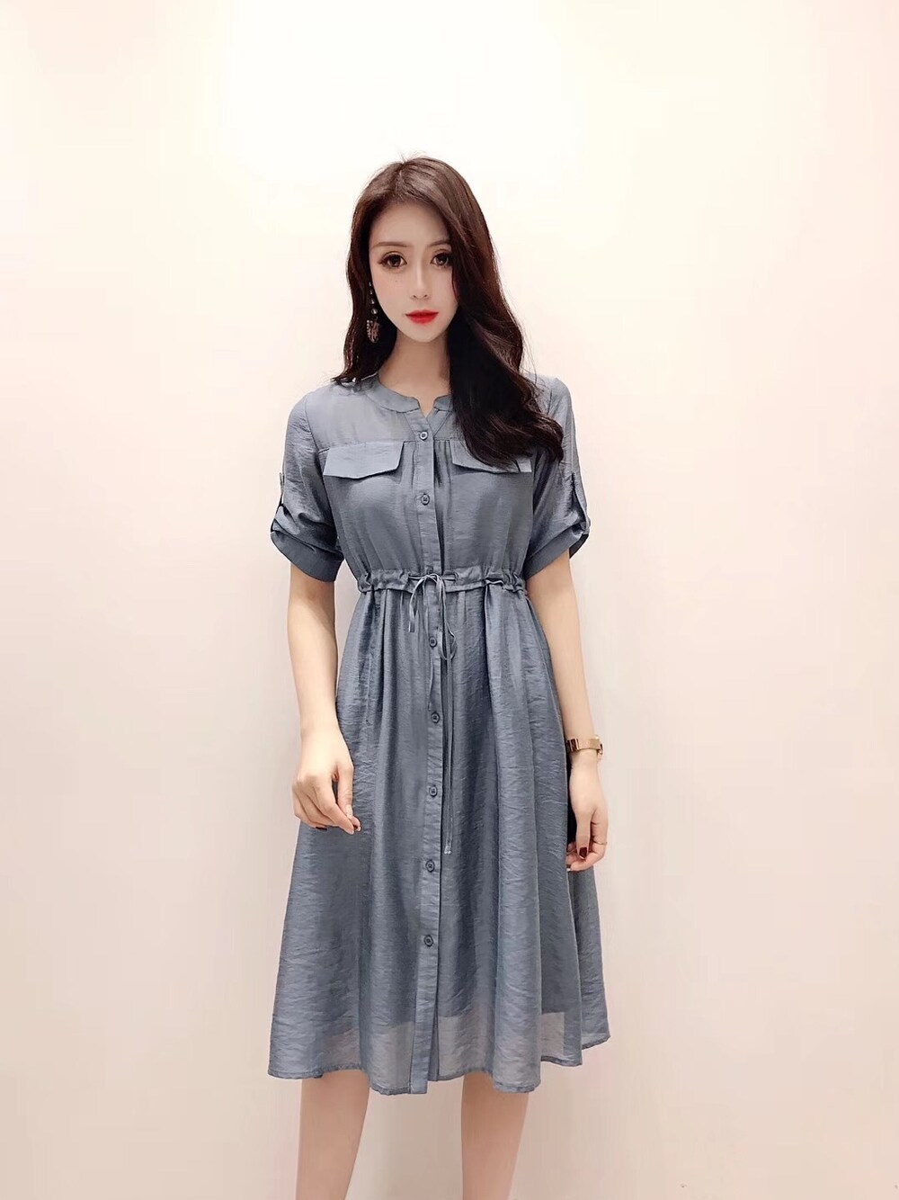 「ワンピース、スカート、シンプル、大人コーデ、ootd、春コーデ、夏コーデ、オルチャンファッション、韓国ファッション、TeddyShop」｜「TeddyShopのワンピース（ワンピース、ブルー系）」を使った、TeddyShopさん（レディース・158cm）の夏コーディネートの1枚目の写真