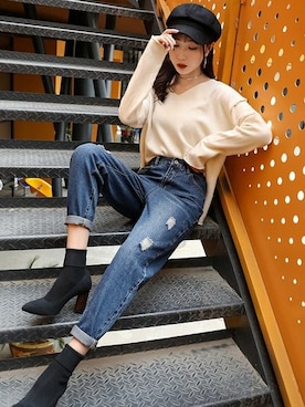 Day Closet デイ クローゼット の レディース ウエストゴム入りダメージロールアップデニムパンツ デニムパンツ Wear