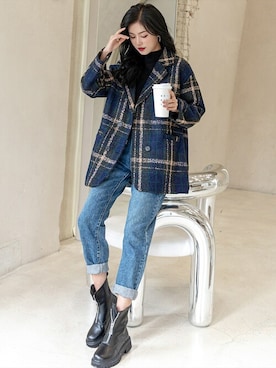 「チェック柄に恋してる」｜「アイテム（ピーコート）」を使った、TeddyShopさん（レディース・158cm）の冬コーディネート