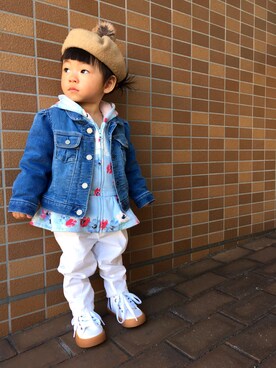 「おんなのこコーデ」｜「アイテム（デニムジャケット）」を使った、ゆずりつみなさん（キッズ・80cm）の春コーディネート