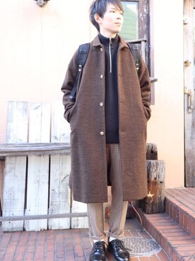 「アイテム（ステンカラーコート、ブラウン系）」を使った、こんさん（メンズ・172cm）の冬コーディネート