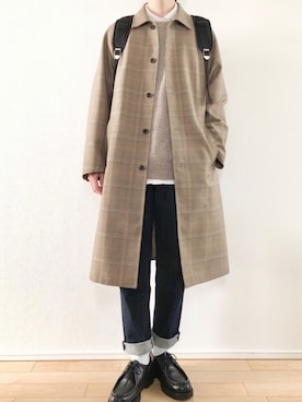 「テーパードデニム」｜「アイテム（ステンカラーコート）」を使った、こんさん（メンズ・172cm）の春コーディネート