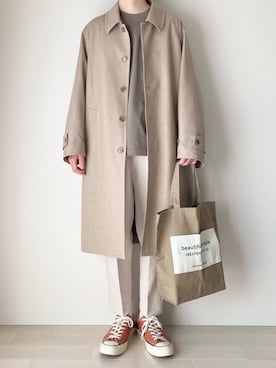 「LIDNM（リドム）のアイテム（ステンカラーコート）」を使った、こんさん（メンズ・172cm）の春コーディネート