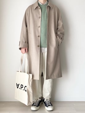 「LIDNM（リドム）のアイテム（ステンカラーコート）」を使った、こんさん（メンズ・172cm）の春コーディネート