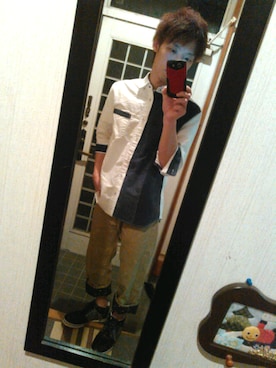 「しまむら（シマムラ）のアイテム（シャツ/ブラウス、その他）」を使った、LINEスタンプ制作者さん（メンズ・162cm）の春コーディネート