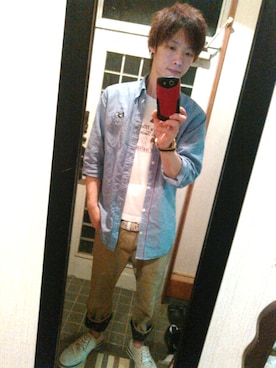 「Disney（ディズニー）のアイテム（シャツ/ブラウス、ブルー系）」を使った、LINEスタンプ制作者さん（メンズ・162cm）の夏コーディネート